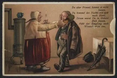 Mechanische-AK Heimkehrer von der Leipziger Messe bekommt von seiner Frau eins Übergezogen, frauenfeindlicher Humor