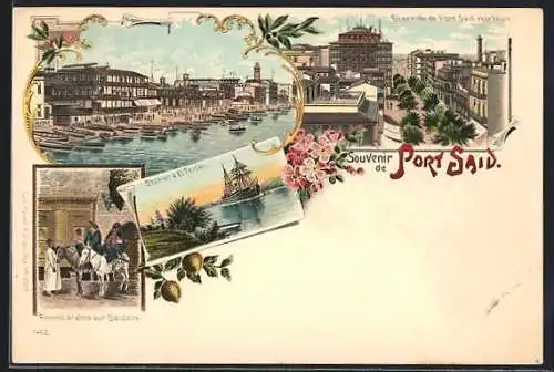 Lithographie Port Said, Ensemble et le Phare, Station à El Ferdan, Femmes arabes sur Baudets
