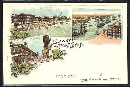 Lithographie Port Said, Panorama, Quai de Port Said, Rue du commerce