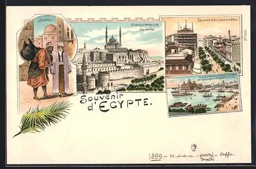 Lithographie Port Said, Citadelle et tombe aux des Kalifes, Ensemble et le Phare, Vue de l`entree du Canal et Palais