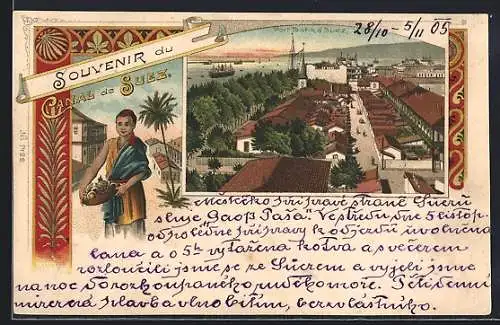 Lithographie Suez, Port Tewfik, Canal