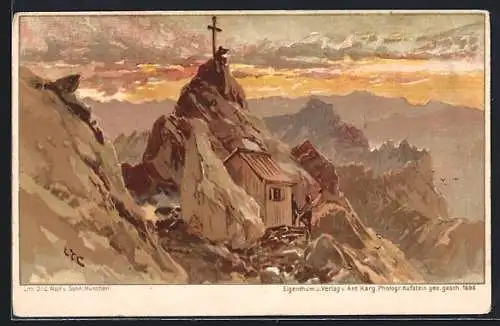 Künstler-AK Edward Theodore Compton: Schutzhütte mit Flurkreuz und Bergsteiger