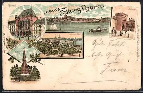 Lithographie Thorn / Torun, Artushof, Brückenthor, Kriegerdenkmal
