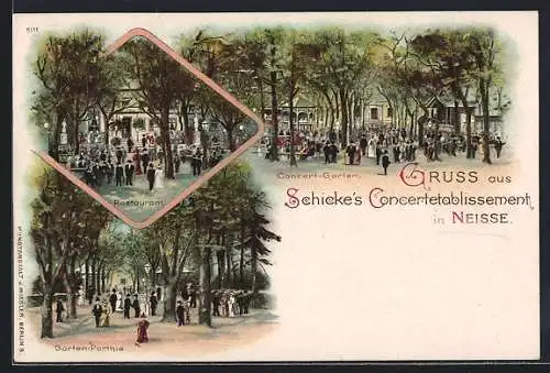 Lithographie Neisse, Schickes Concertetablissement, Restaurant, Concert-Garten
