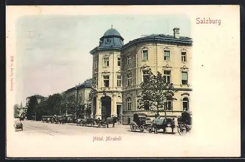 AK Salzburg, Hotel Mirabell mit Pferdedroschken