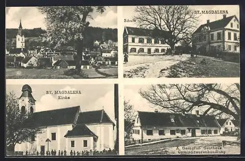 AK Buch-St. Magdalena, St. Magdalena, Schule, Kirche, A. Gerngross` Gasthaus & Gemischtwarenhandlung