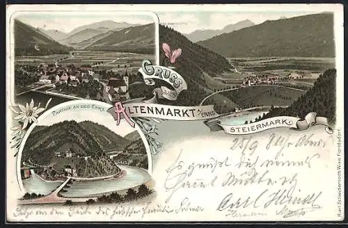 Lithographie Altenmarkt an der Enns, Ortsansicht, Teilansicht, Partie an der Enns