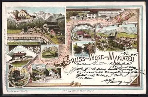 Lithographie Mariazell, Dampf Säge & Holzindustrie am Gschaid N. Ottr., Gasthaus Sattelhof, Grenz-Gasthaus, Hlg. Brunnen