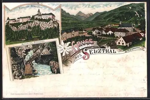 Lithographie Selzthal /Steiermark, Schloss Strechau, Klamm, Ortsansicht
