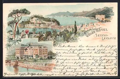 Lithographie Sestri-Levante, Hotel Jensch, Panoramablick auf den Küstenort