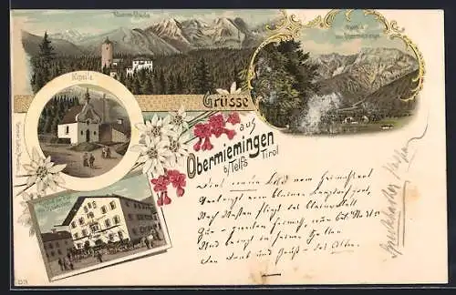 Lithographie Mieming, Obermiemingen, Gasthof zur Post v. Speckbacher, Kapelle, Klamm-Ruine