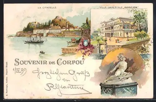 Lithographie Corfou, La Citadelle, Ville Imperiale Axileion, Statue D`Achille, Segelschiff verlässt den Hafen um 1900