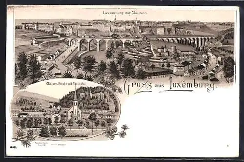 Lithographie Luxemburg, Ortsansicht mit Clausen, Kirche mit Parkhöhe