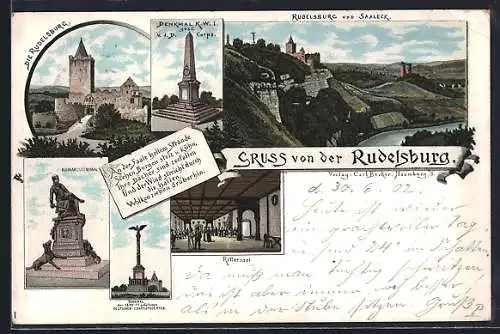 Lithographie Saaleck / Saale, Rudelsburg, Denkmal Kaiser Wilhelm I., Bismarckdenkmal