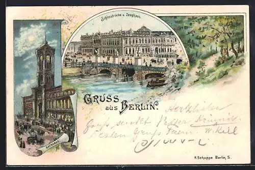 Lithographie Berlin, Schlossbrücke und Zeughaus, Rathaus