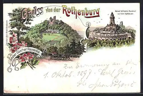 Lithographie Kyffhäuser, Kaiser Wilhelm-Denkmal auf dem Kyffhäuser, Rothenburg