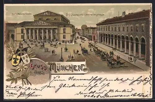 Lithographie München, Max Josephplatz u. Maximiliangasse mit Hof- u. Nationaltheater