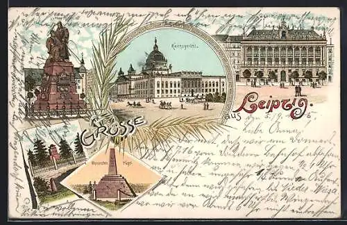 Lithographie Leipzig, Lutherdenkmal, Reichsgericht, Grassi-Museum, Napoleonstein, Monarchen Hügel