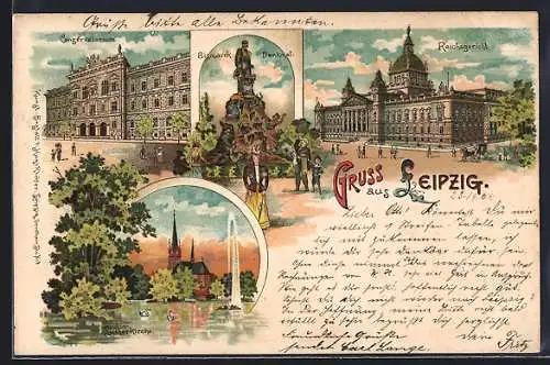Lithographie Leipzig, Ortspartien Reichsgericht, Bismarck-Denkmal und Lutherkirche mit Teich