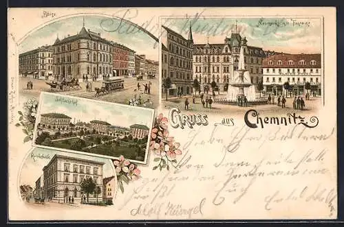 Vorläufer-Lithographie Chemnitz, 1895, Börse, Neumarkt mit Fontäne, Schlachthof, Reichsbank