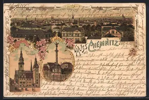 Lithographie Chemnitz, Panorama, Altes Rathaus, Siegesdenkmal
