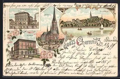 Lithographie Chemnitz, Reichsbank, Petrikirche, Öffentliche Handels-Lehranstalt