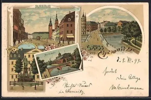 Lithographie Chemnitz, Markthalle, Markt, Saxonia-Brunnen