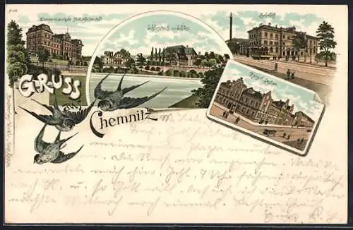 Lithographie Chemnitz, Schlossteich mit Schloss, Bahnhof, Kaiserl. Postamt