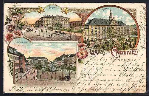 Lithographie Chemnitz, Bahnhof, Rathaus, Neumarkt