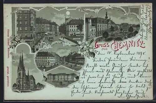 Mondschein-AK Chemnitz, Partien Johannesplatz, Nicolaibrücke mit Strassenbahn und Rathaus