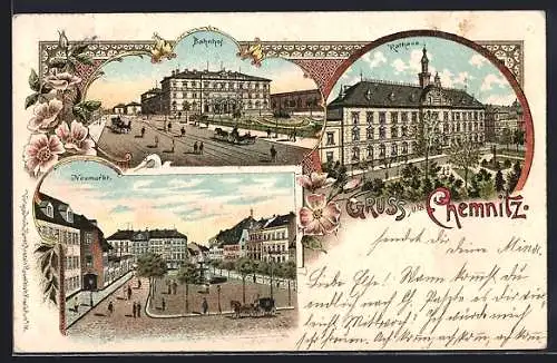 Lithographie Chemnitz, Neumarkt, Bahnhof, Rathaus