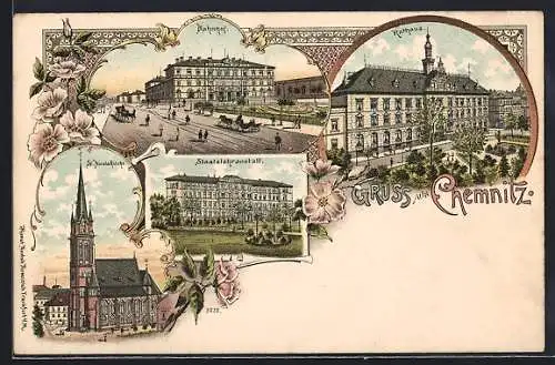 Lithographie Chemnitz, Bahnhof, Rathaus, St. Nicolaikirche, Staatslehranstalt
