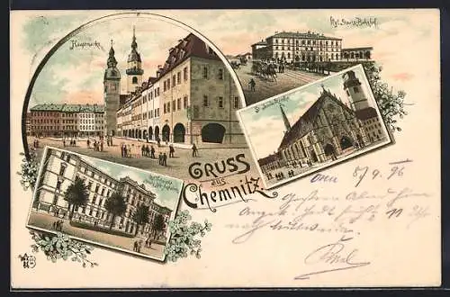 Lithographie Chemnitz, St. Jacobi-Kirche, Hauptmarkt und Kgl. Technische Staats-Lehr-Anstalten