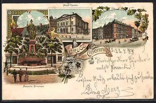 Lithographie Chemnitz, Börse, Stadttheater, Saxonia-Brunnen