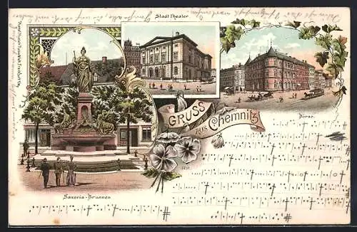 Lithographie Chemnitz, Ortspartien Saxonia-Brunnen, Stadttheater und an der Börse