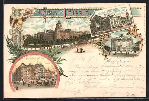 Lithographie Leipzig, Hotel de Prusse, Cafe Bauer und Harmonie, Pleissenburg, Markthalle, Panorama