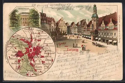 AK Leipzig, Marktplatz, Neues Theater und Landkarte