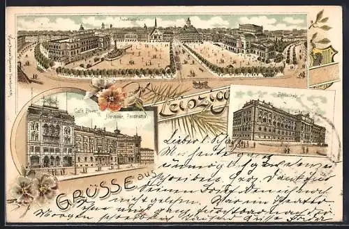 Lithographie Leipzig, Partien am Augustusplatz, Harmonie mit Cafe Bauer und der Bibliothek