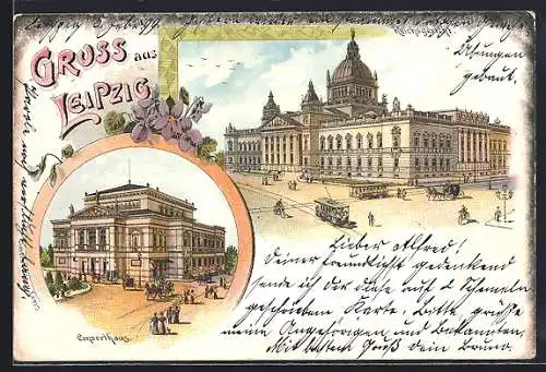 Lithographie Leipzig, Blick auf Reichsgericht und Konzerthaus