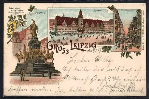 Lithographie Leipzig, Petersstrasse, Rathaus, Sieges Denkmal