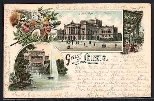 Lithographie Leipzig, Neues Theater und Schwanenteich mit Wasserfontäne