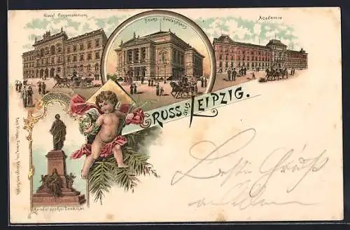 Lithographie Leipzig, Neues Gewandhaus, Academie, Königl. Conservatorium