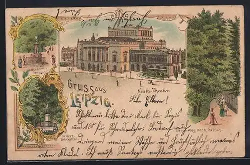 Lithographie Leipzig, Partien am Neuen Theater, Zöllner u. Geliert Denkmal und Dammweg nach Gohlis
