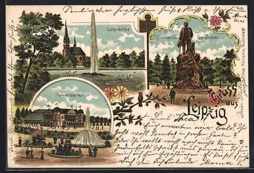 Lithographie Leipzig, Lutherkirche, Bismarck-Denkmal und Palmengarten