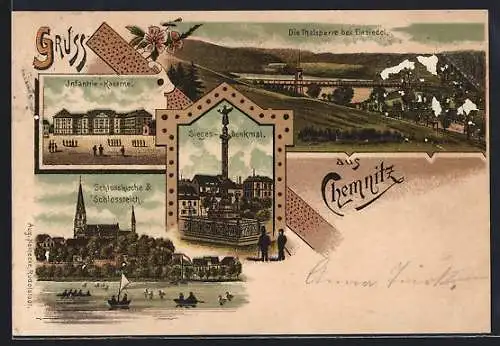 Lithographie Chemnitz, Infanterie-Kaserne, Sieges-Denkmal, Schlosskirche und -teich, Thalsperre