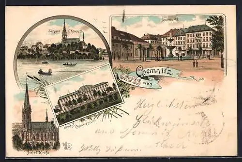 Lithographie Chemnitz, Schloss, Neumarkt, Petri-Kirche