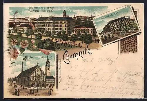 Lithographie Chemnitz, Hauptbahnhof, Schillerplatz m. Königl. Gewerbe-Akademie