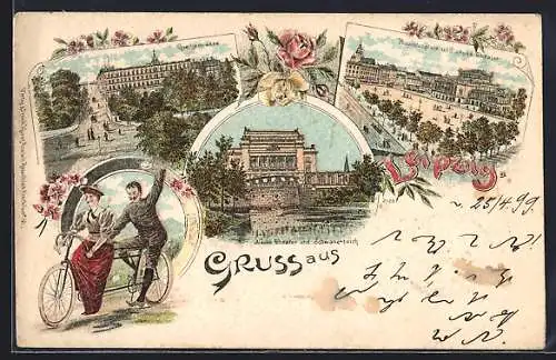 Lithographie Leipzig, Goethestrasse, Neues Theater & Schwanenteich, Paar auf einem Tandem