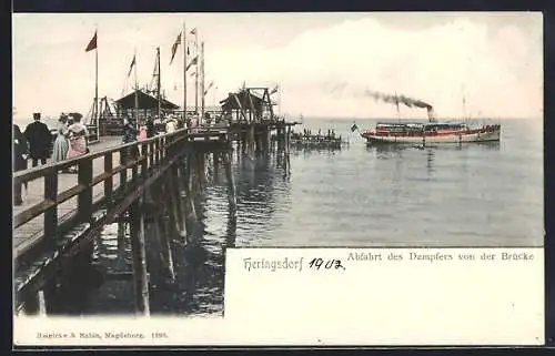 AK Heringsdorf / Ostseebad, Abfahrt des Dampfers von der Brücke