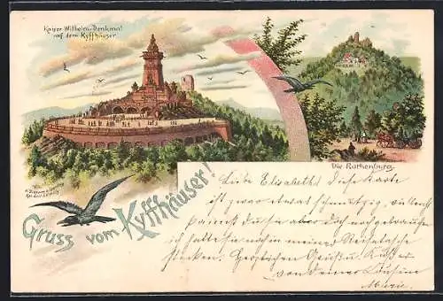 Lithographie Kyffhäuser, Motiv mit Kaiser Wilhelm-Denkmal und Rothenburg